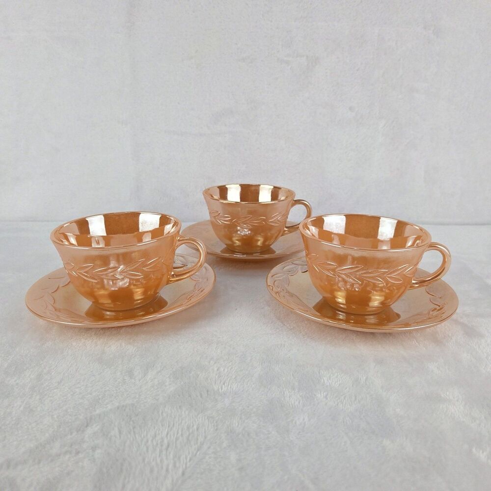 Vintage Set Of 3 Fire King Peach Luster Coffee Tea Cups And Saucers USA